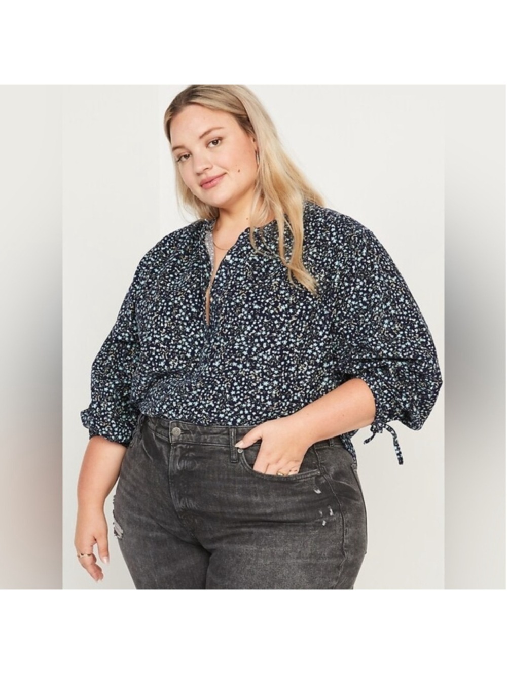 Old Navy Oversized Ditsy-Floral Corduroy Tie-Sleeve Top Size XL